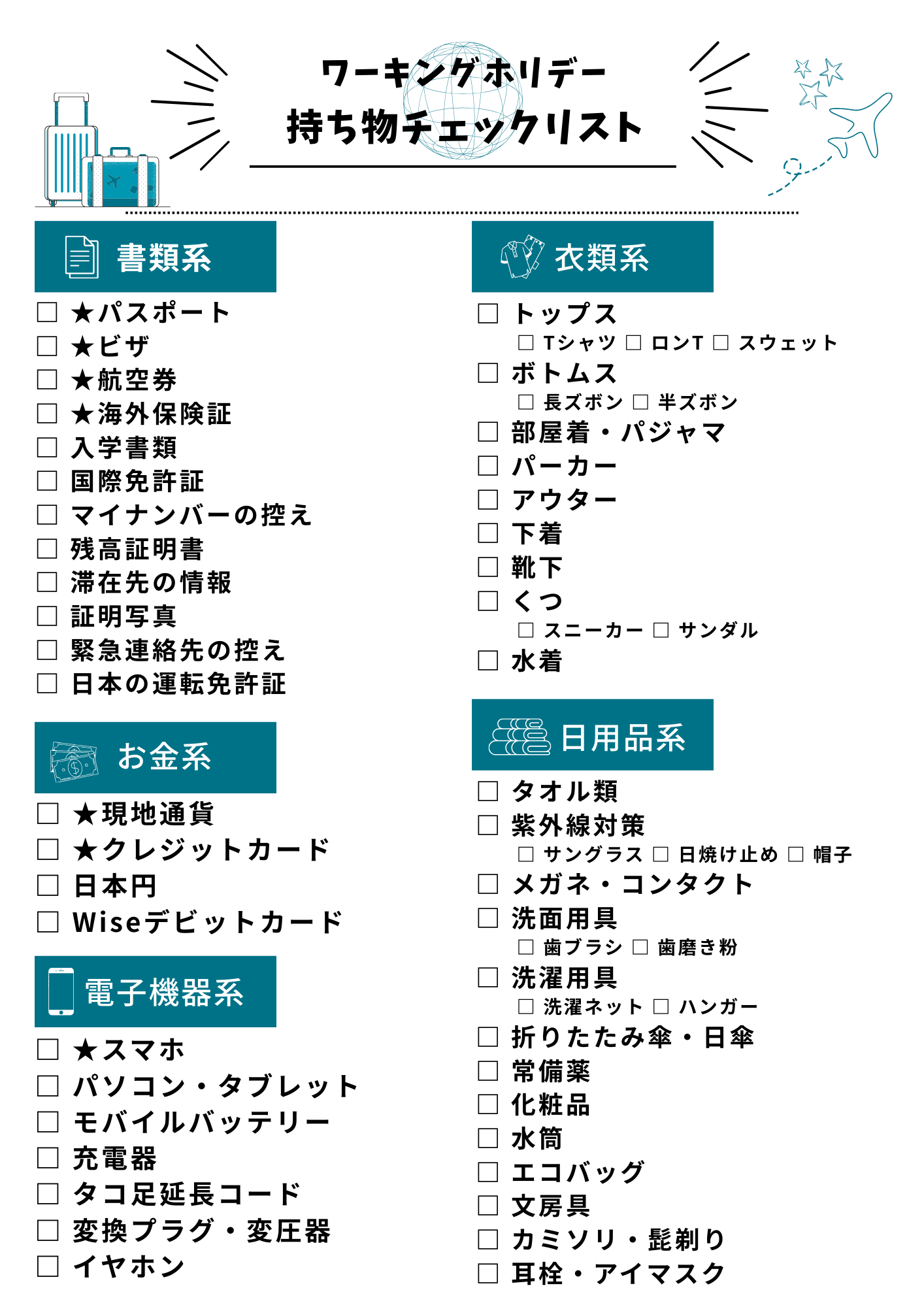 【保存版】ワーホリ持ち物　チェックリスト