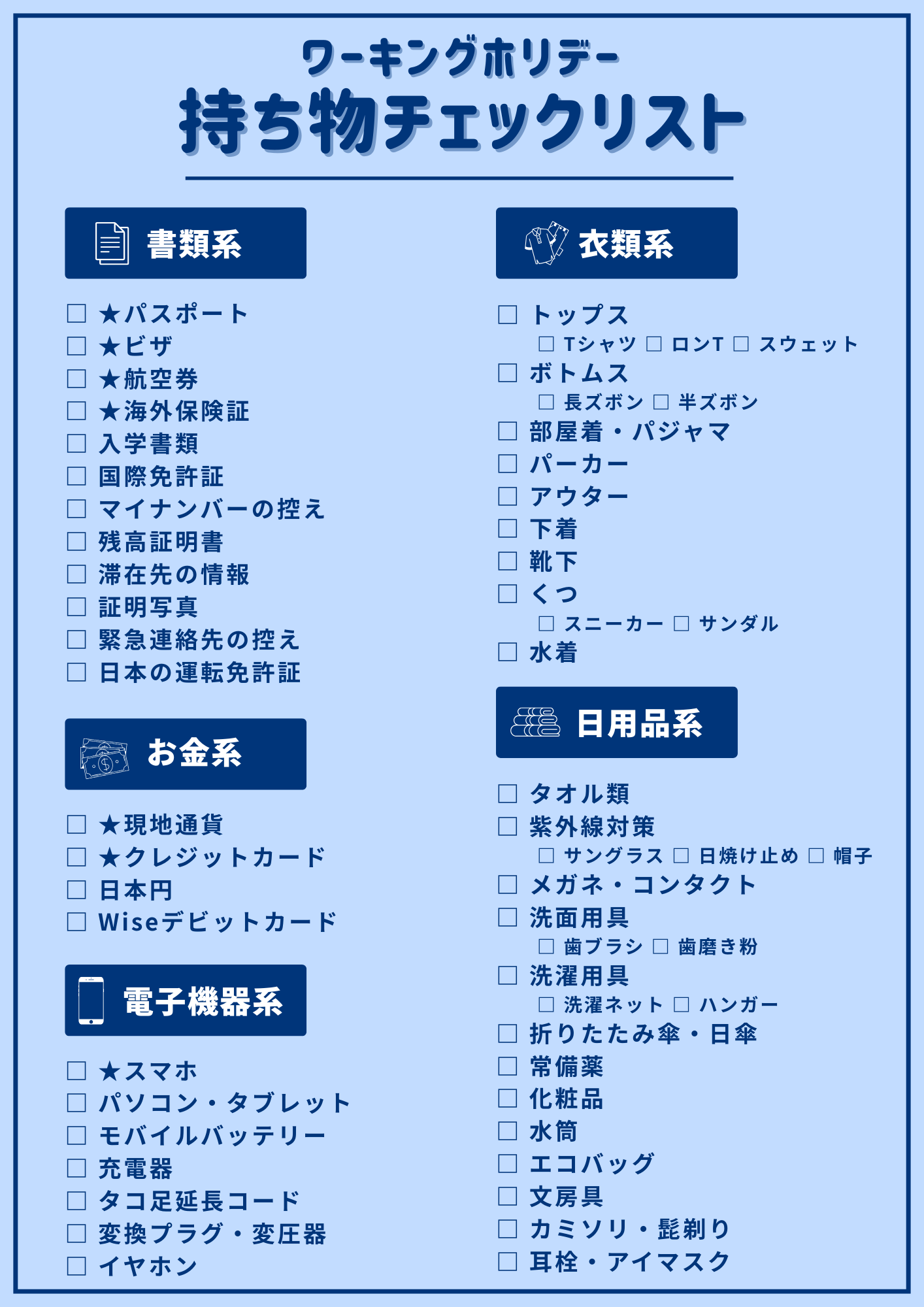 ワーキングホリデー持ち物リスト