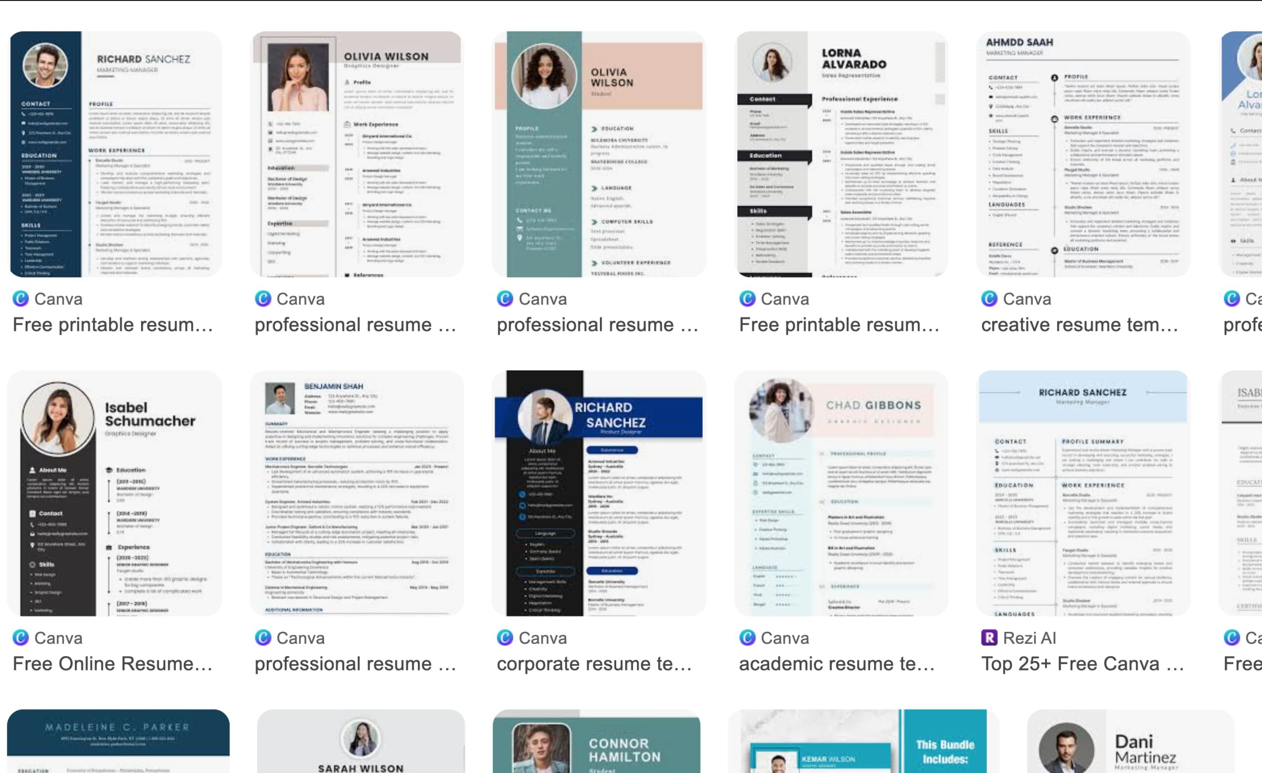 Canvaで提供されているレジュメの無料テンプレート画像